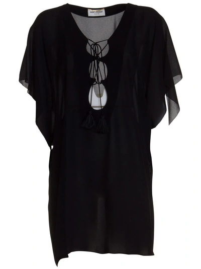 Saint Laurent Kaftan Dress With Lace-up Collar In Nero