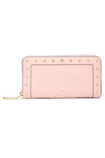 Balmain Studded Embossed Leather Wallet In Pastel Pink