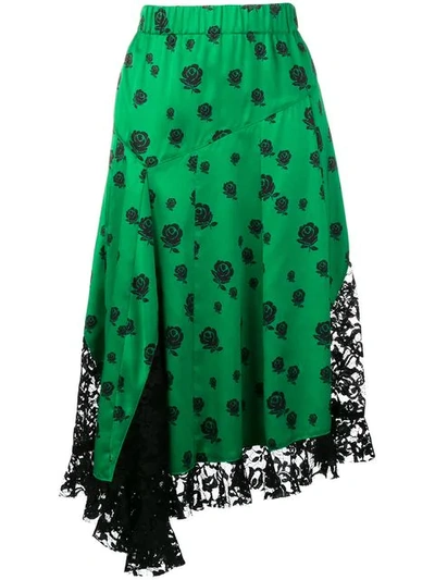 Kenzo Lace Panelled Skirt In Verde/nero