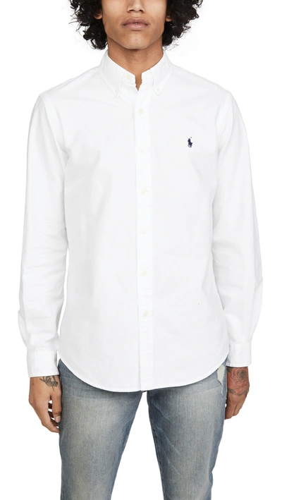 Polo Ralph Lauren Classic Fit Long Sleeve Cotton Oxford Button Down Shirt In White/dark Blue