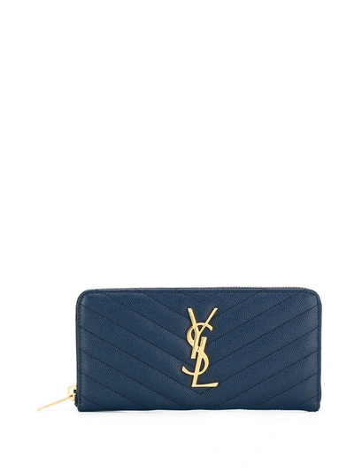 Saint Laurent Monogram Zip Around Wallet - Blue In Blue