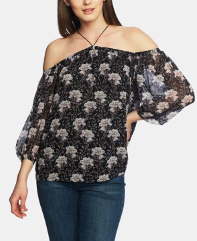 1.state Off The Shoulder Sheer Chiffon Blouse In Rich Black Multi