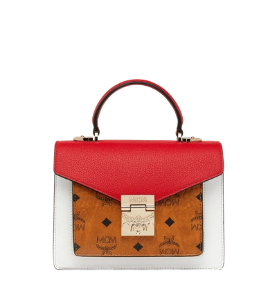 Mcm Patricia Satchel In Visetos Leather Block In Cognac Ruby Red