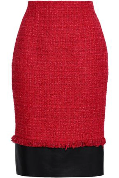 Alexander Mcqueen Woman Leather-paneled Tweed Pencil Skirt Red