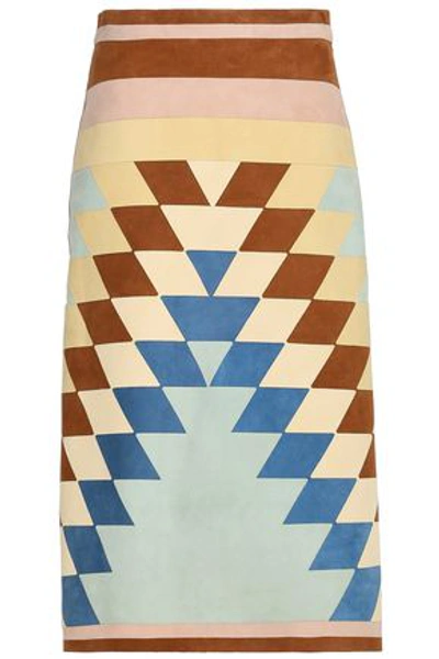 Valentino Color-block Suede Midi Skirt In Mint