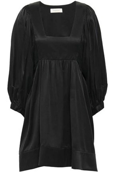 Zimmermann Tie-back Gathered Washed-silk Mini Dress In Black
