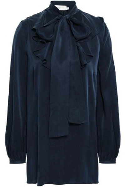 Zimmermann Pussy-bow Ruffled Washed-silk Blouse In Navy