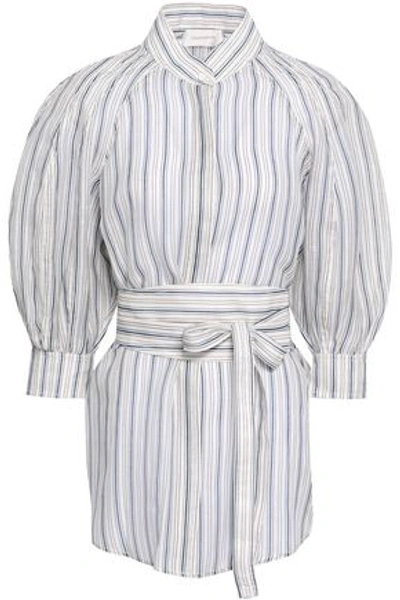 Zimmermann Belted Striped Linen And Silk-blend Blouse In Light Blue