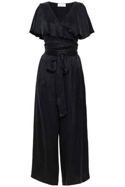 Zimmermann Cutout Ruffled Washed-silk Wrap Jumpsuit In Black