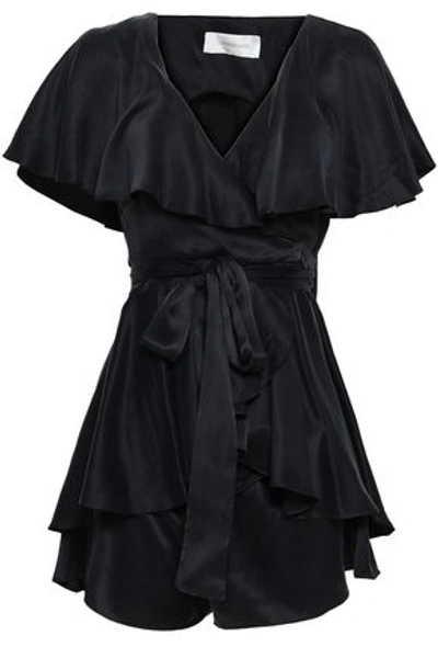 Zimmermann Open-back Ruffled Washed-silk Wrap Playsuit In Black