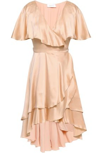 Zimmermann Cape-effect Tiered Washed-silk Wrap Dress In Rose Gold