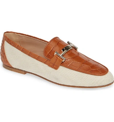 Tod's Croc-embossed Leather Double-t Loafer In White/ Cognac