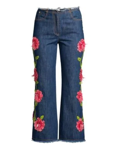 Michael Kors Cropped Floral-embellished Jeans In Chambray