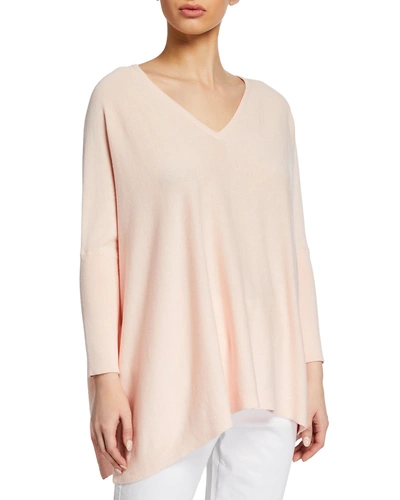 Joan Vass Oversized V-neck Ribbed-sleeve Cotton Sweater In Pink