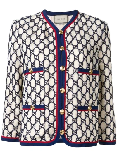 Gucci Gg-embroidered Cotton-blend Mesh Jacket In White,blue