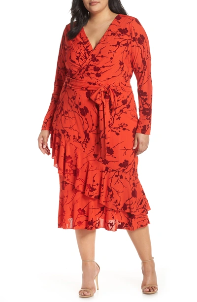 Rachel Rachel Roy Ruffle Hem Faux Wrap Midi Dress In Fire