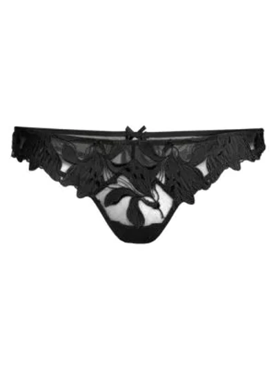 Fleur Du Mal Lily Embroidered Low-rise Mesh Thong In Black