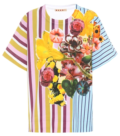 Marni Short-sleeve Crewneck Striped & Floral-print Cotton T-shirt In Multicolor