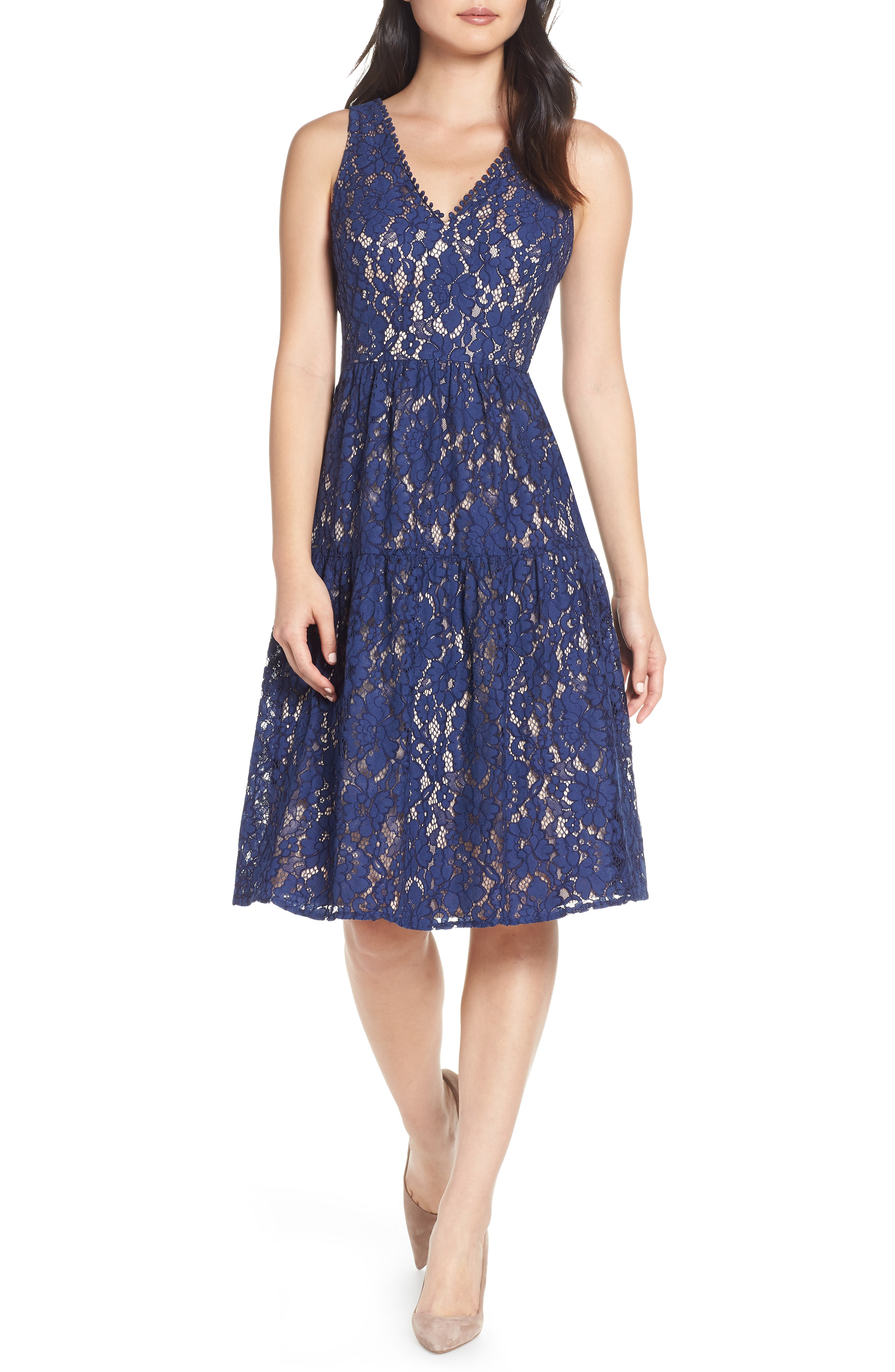 eliza j lace fit and flare dress