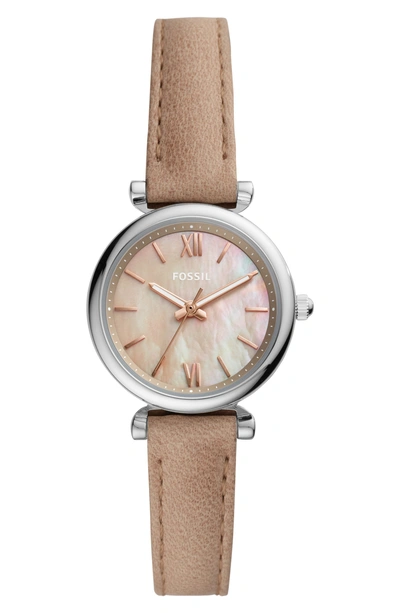 Fossil Mini Carlie Star Leather Strap Watch, 28mm In Brown/ Mop/ Silver