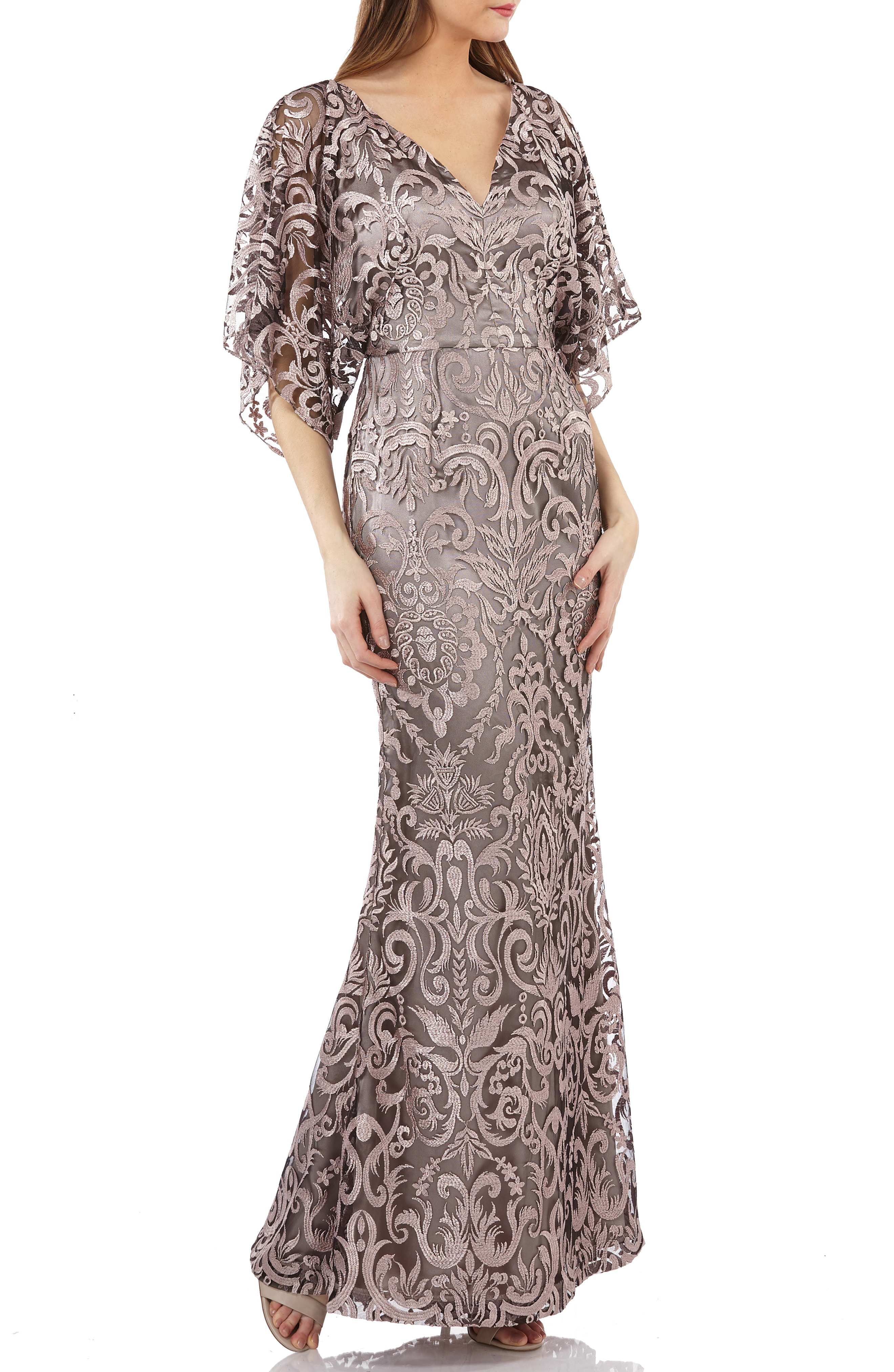 js collections embroidered flutter sleeve gown
