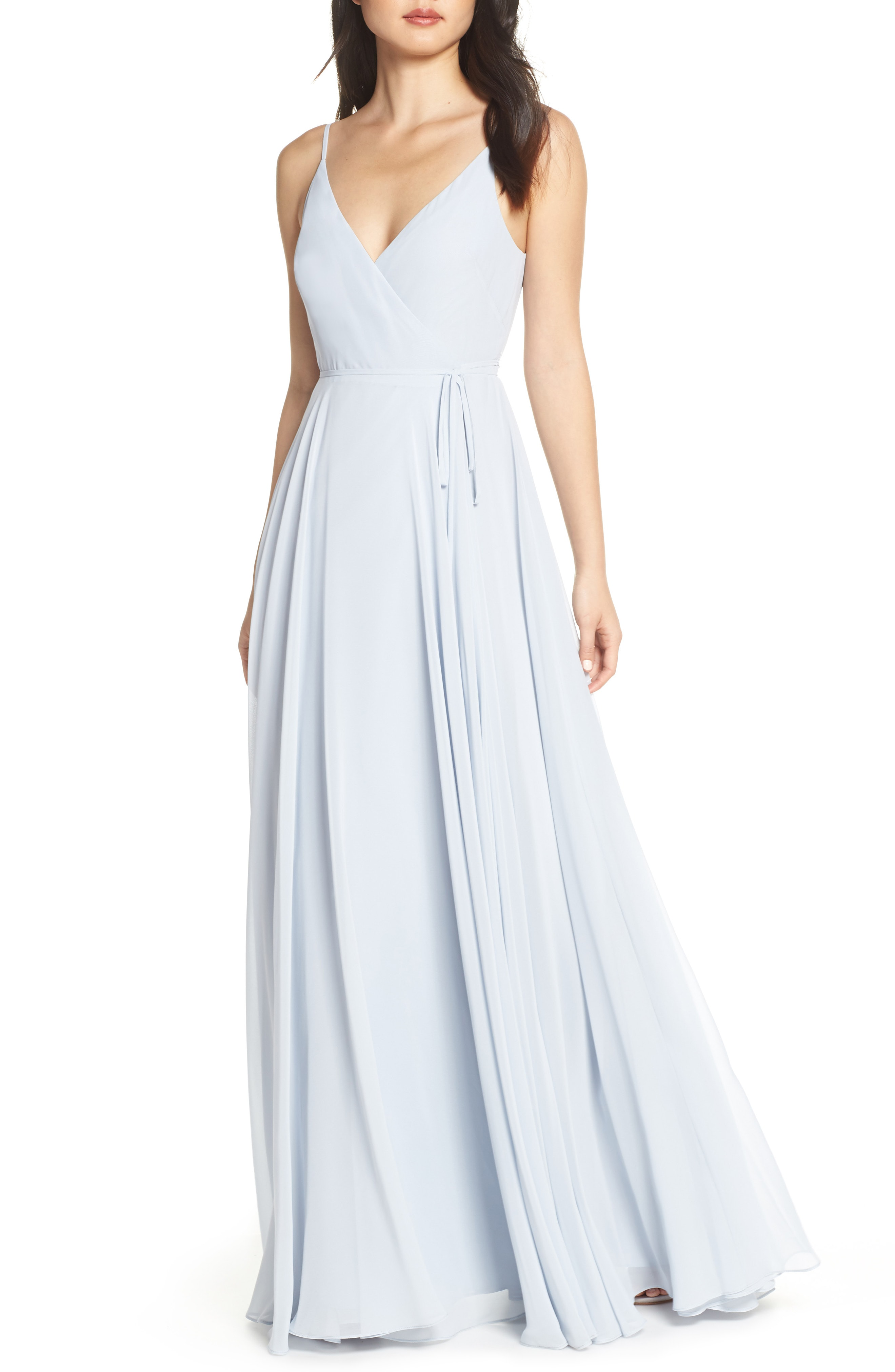 Jenny Yoo James Sleeveless Wrap Chiffon Evening Dress In Whisper Blue