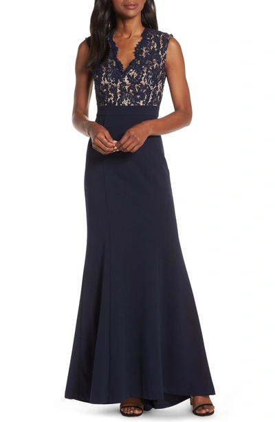 Eliza J Lace Bodice Trumpet Evening Dress In Navy