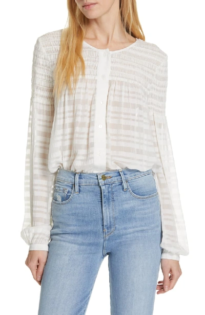 Frame Smocked Button-up Long-sleeve Top In Off White