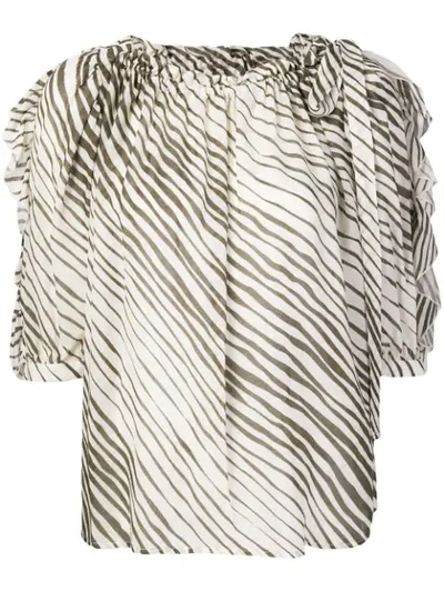 See By Chloé Striped Ruched Neck Blouse In Brown