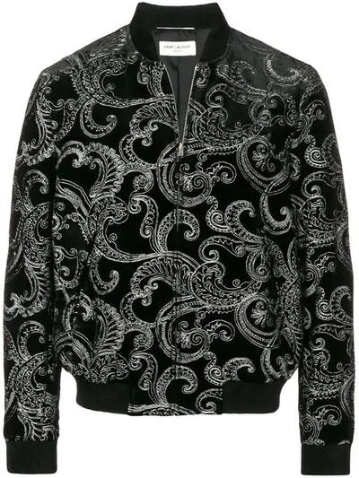 Saint Laurent Embroidered Velvet Bomber Jacket In Black