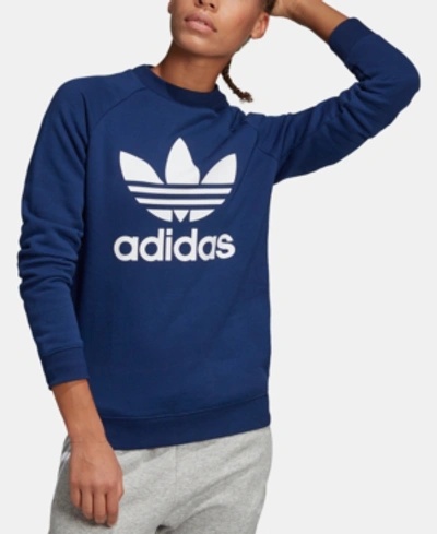 Adidas Originals Women's Originals Trefoil Fleece Crew Sweatshirt, Blue In Dark Blue
