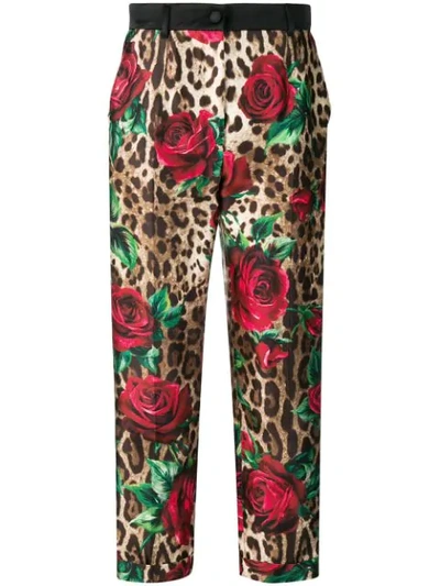 Dolce & Gabbana Rose Leopard Trousers In Brown