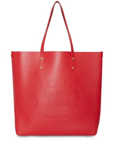Burberry Large Leather Embossed Crest Tote Bag In Red