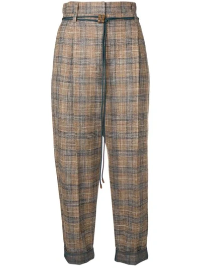 Brunello Cucinelli Plaid Linen Rope-waist Crop Pants, Brown/blue In Neutrals