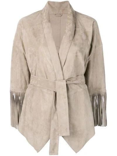 Brunello Cucinelli Belted Leather Jacket In Neutrals