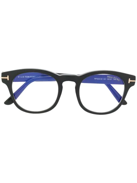Tom Ford Logo Round Frame Glasses In Black Modesens