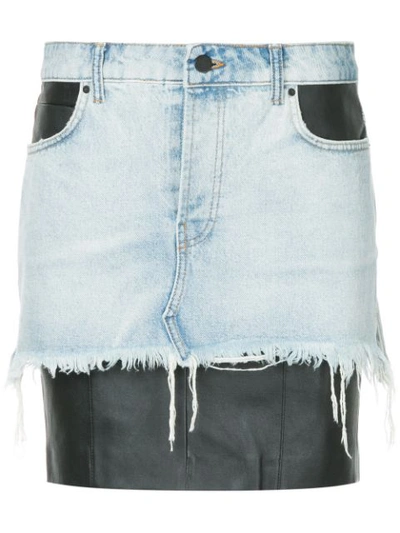 Alexander Wang Layered Distressed Denim And Leather Mini Skirt In Blue