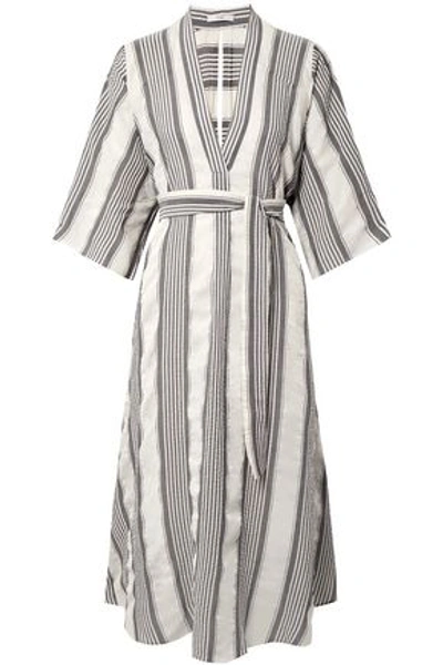 Tome Woman Cutout Striped Seersucker Midi Dress Off-white