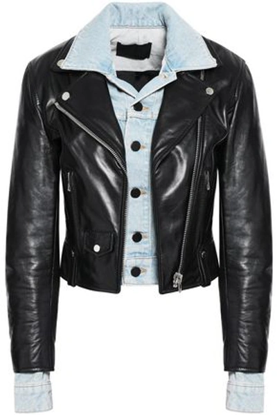 Alexander Wang Woman Layered Denim And Leather Biker Jacket Black