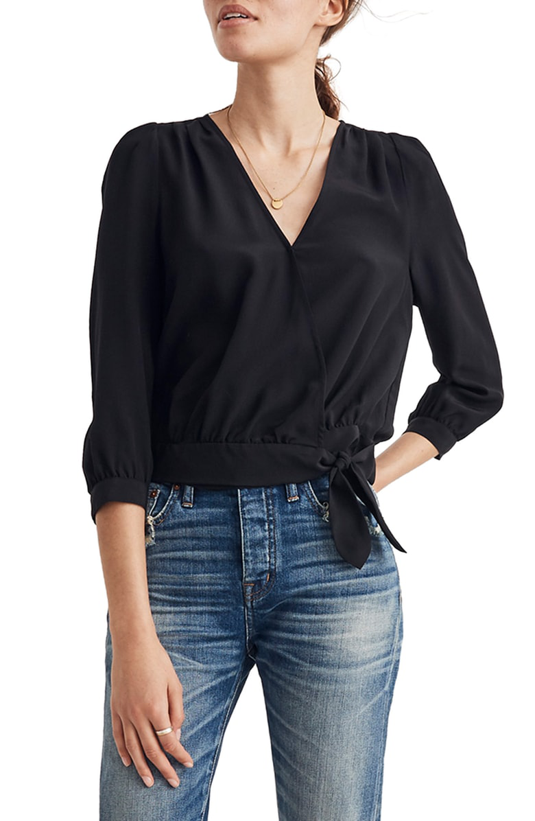 Madewell Silk Wrap Top In True Black ModeSens