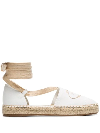 Prada Embroidered Lace-up Espadrilles In White