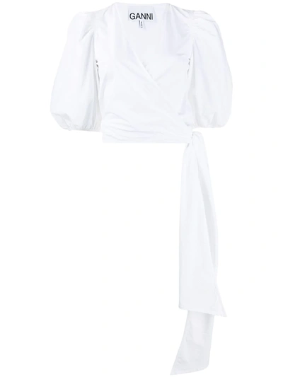 Ganni Blouson-sleeve Cotton-poplin Wrap Top In White