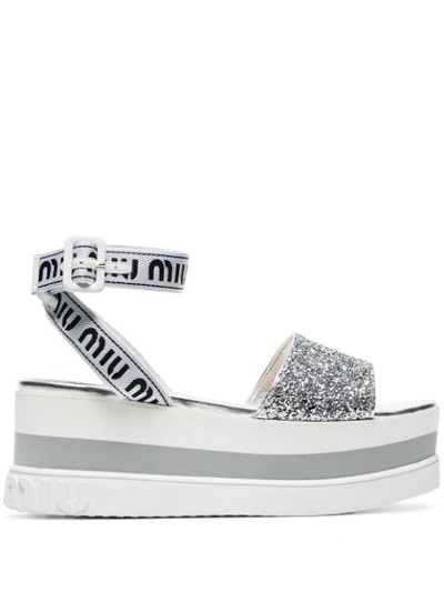 Miu Miu White 75 Glitter Embellished Logo Strap Leather Flatform Sandals In Silver