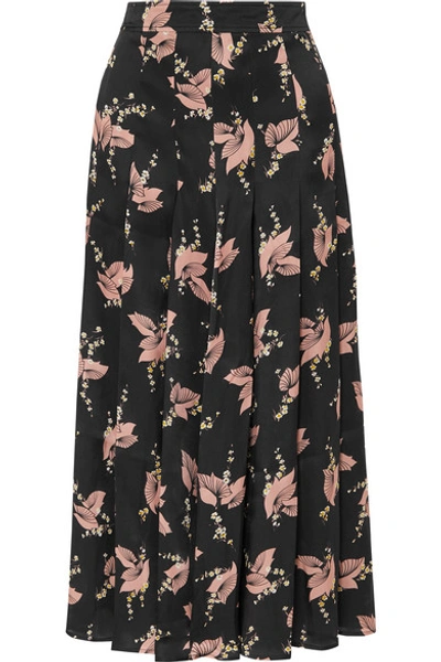 Co Pleated Floral-print Silk-satin Midi Skirt In Black