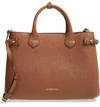 Burberry Medium Banner House Check Leather Tote In Tan Gld Hrdwre
