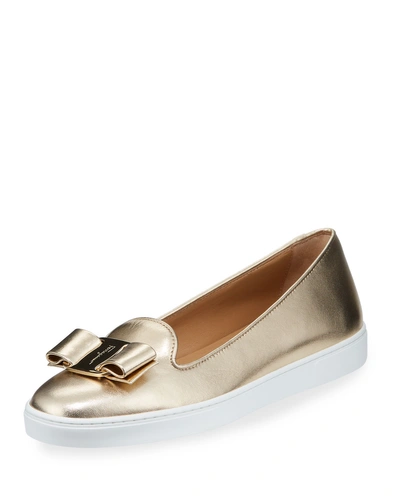 Ferragamo Novello Metallic Leather Bow Sneakers In Mekong (gold)