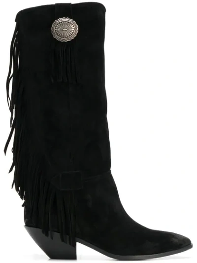 Saint Laurent West Fringed Calf Leather Boots In Black