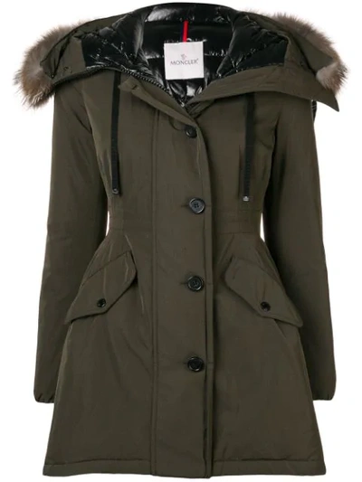 Moncler Monticole Long Parka Coat W/ Fur Trim At Hood In 828  Olive