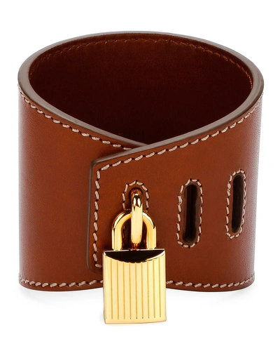 Tom Ford Large Lock Leather Cuff Bracelet In Brown
