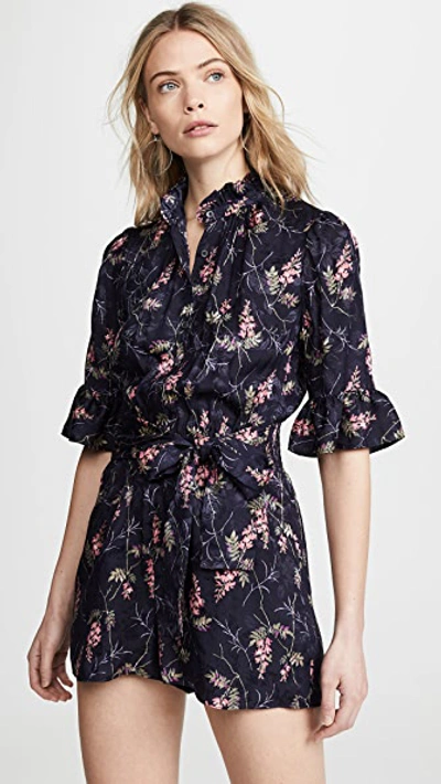 Rebecca Taylor Ivie Short-sleeve Floral-print Romper In Navy Combo